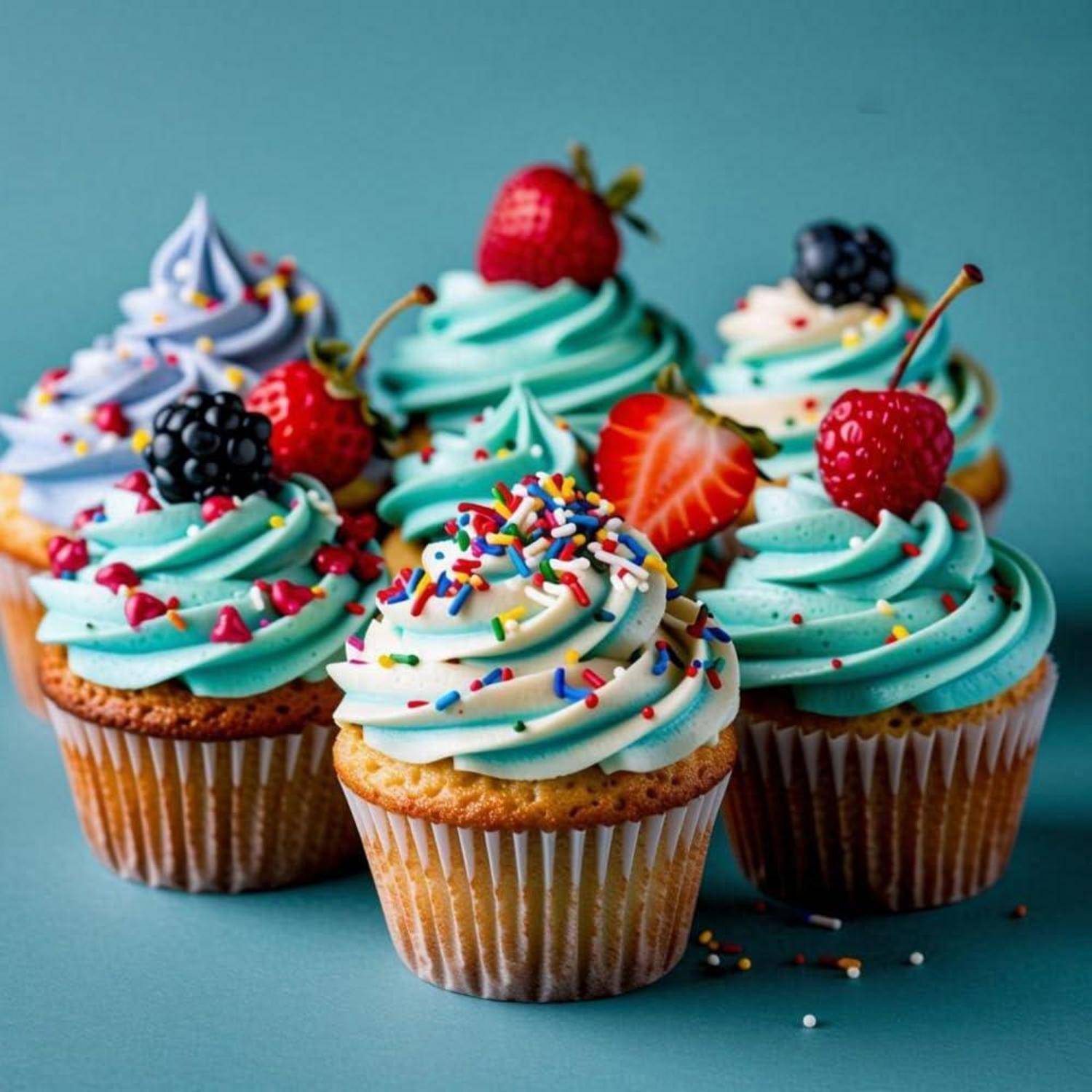 Assortierte Cupcakes mit Pastellglasur, Streuseln und frischen Beeren auf blauem Hintergrund.