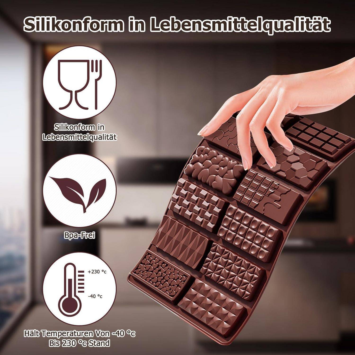 Silikonform für Schokoladentafel aus lebensmittelgerechtem Silikon, wird von einer Hand gebogen gezeigt; Symbole zeigen BPA-frei und hitzebeständig von -40°C bis 230°C.