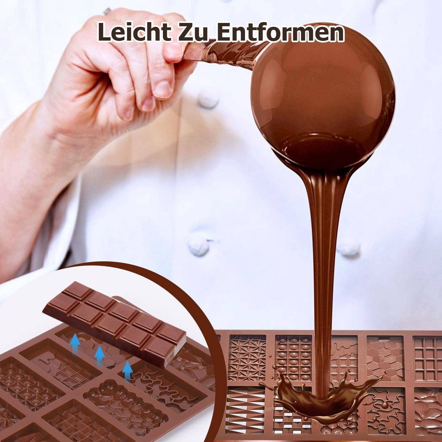 Schokolade wird aus einer Kelle in eine Schokoladenform gegossen, mit Einsatz eines gefüllten Schokoladenstücks und dem deutschen Text „Leicht Zu Entformen