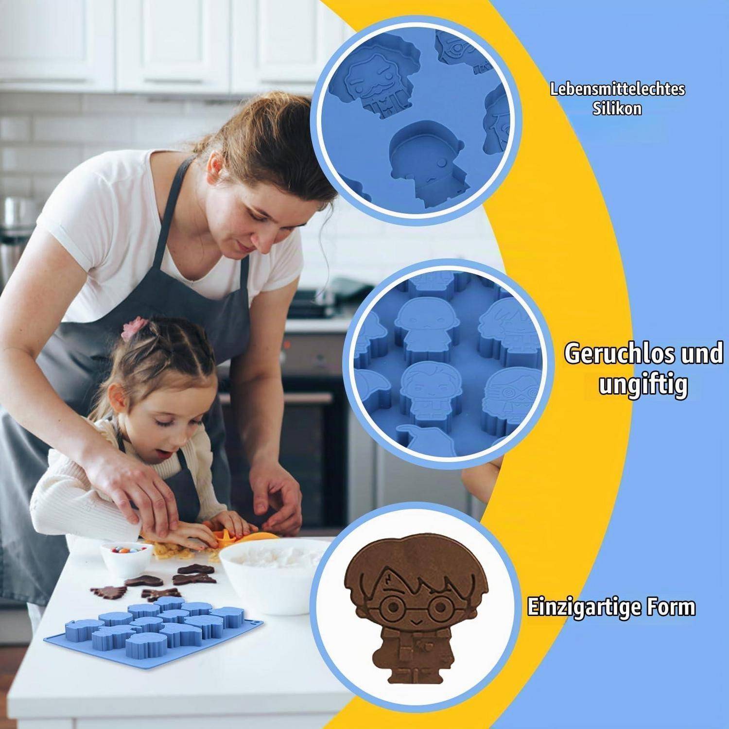 Erwachsener und Kind stellen Leckereien mit blauen Silikonformen her; Beschriftungen in Deutsch heben lebensmittelsicheres Silikon, geruchlos und ungiftig hervor, sowie einzigartige Formen.
