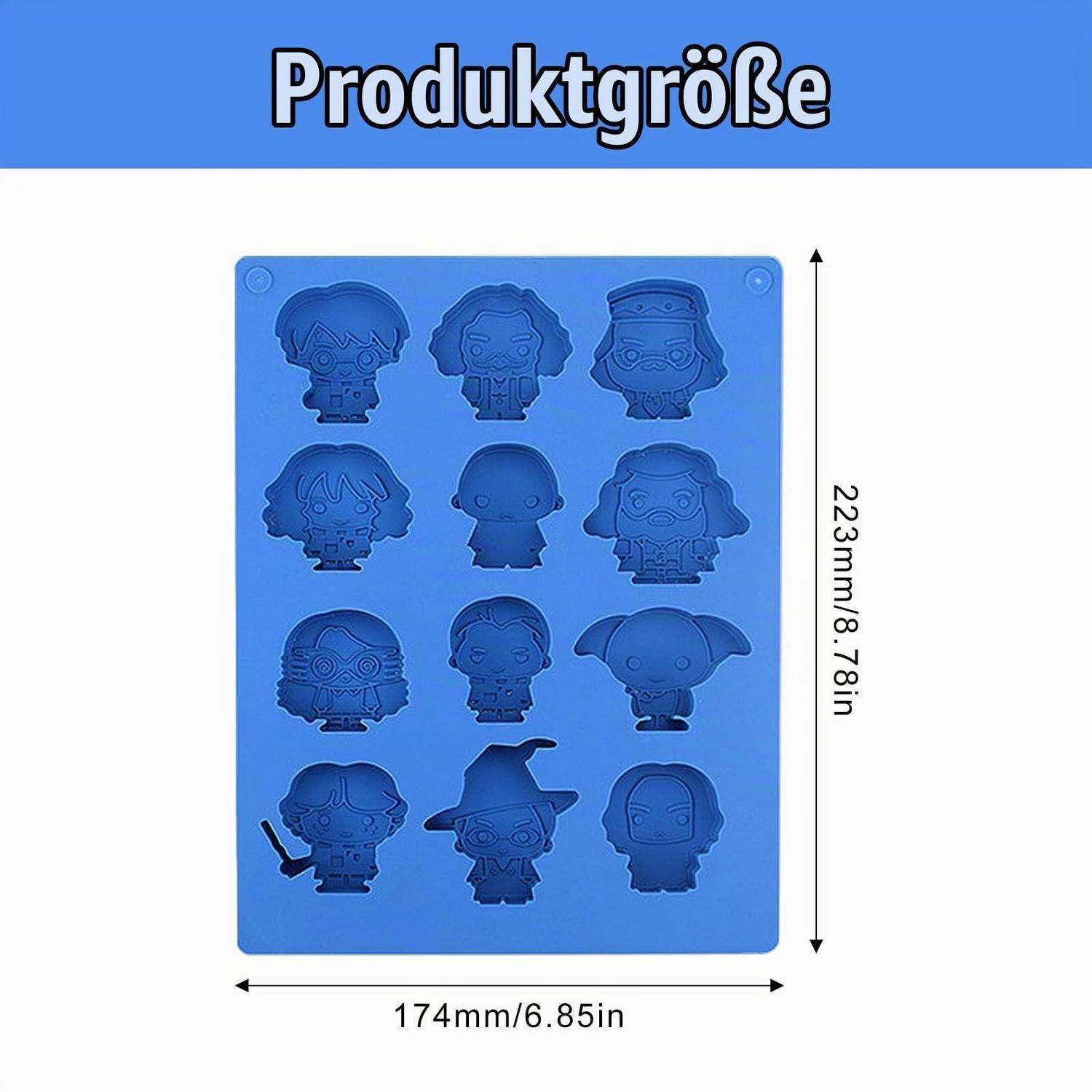 Blaue Produktgrößentabelle mit einer Silikonform mit 10 charakterförmigen Vertiefungen; Abmessungen mit 223 mm (8,78 Zoll) Höhe und 174 mm (6,85 Zoll) Breite gekennzeichnet.