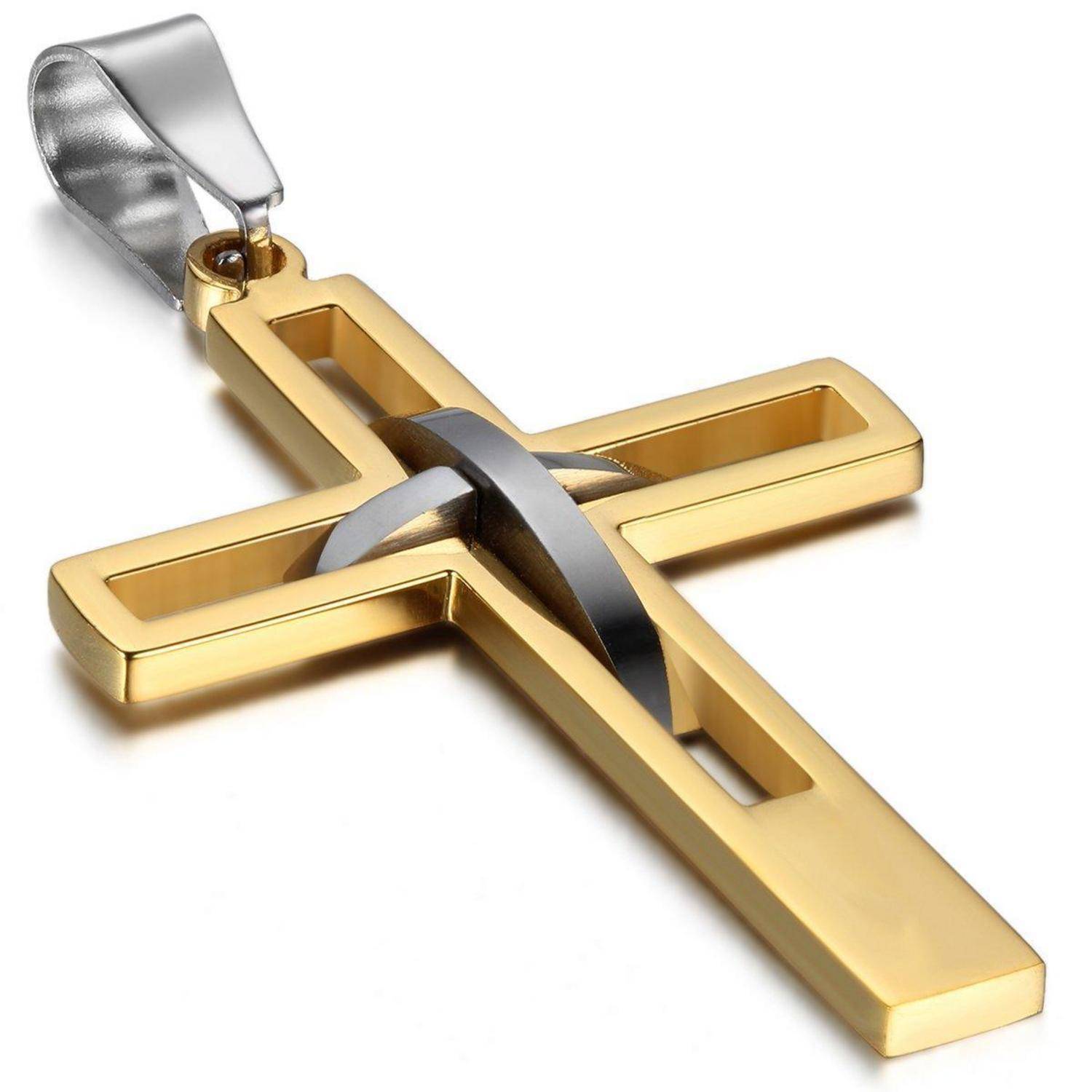 Goldenes Kreuzanhänger mit einer silbernen Öse, mit einem eleganten Ausschnittdesign auf weißem Hintergrund.