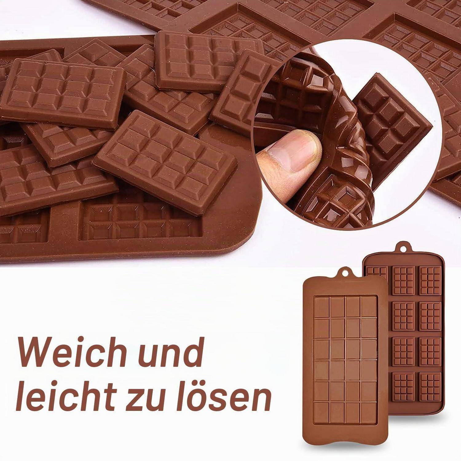 Schokoladentafel und Form zeigen einfache Entformung; deutscher Text sagt „Weich und leicht zu lösen