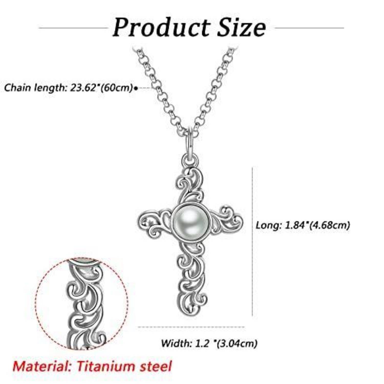 Größendiagramm eines verzierten Kreuzanhänger-Halskette, das zeigt Kettenlänge 23,62 Zoll (60 cm), Anhänger Länge 1,84 Zoll (4,68 cm), Breite 1,2 Zoll (3,04 cm), Material Titanzahl.