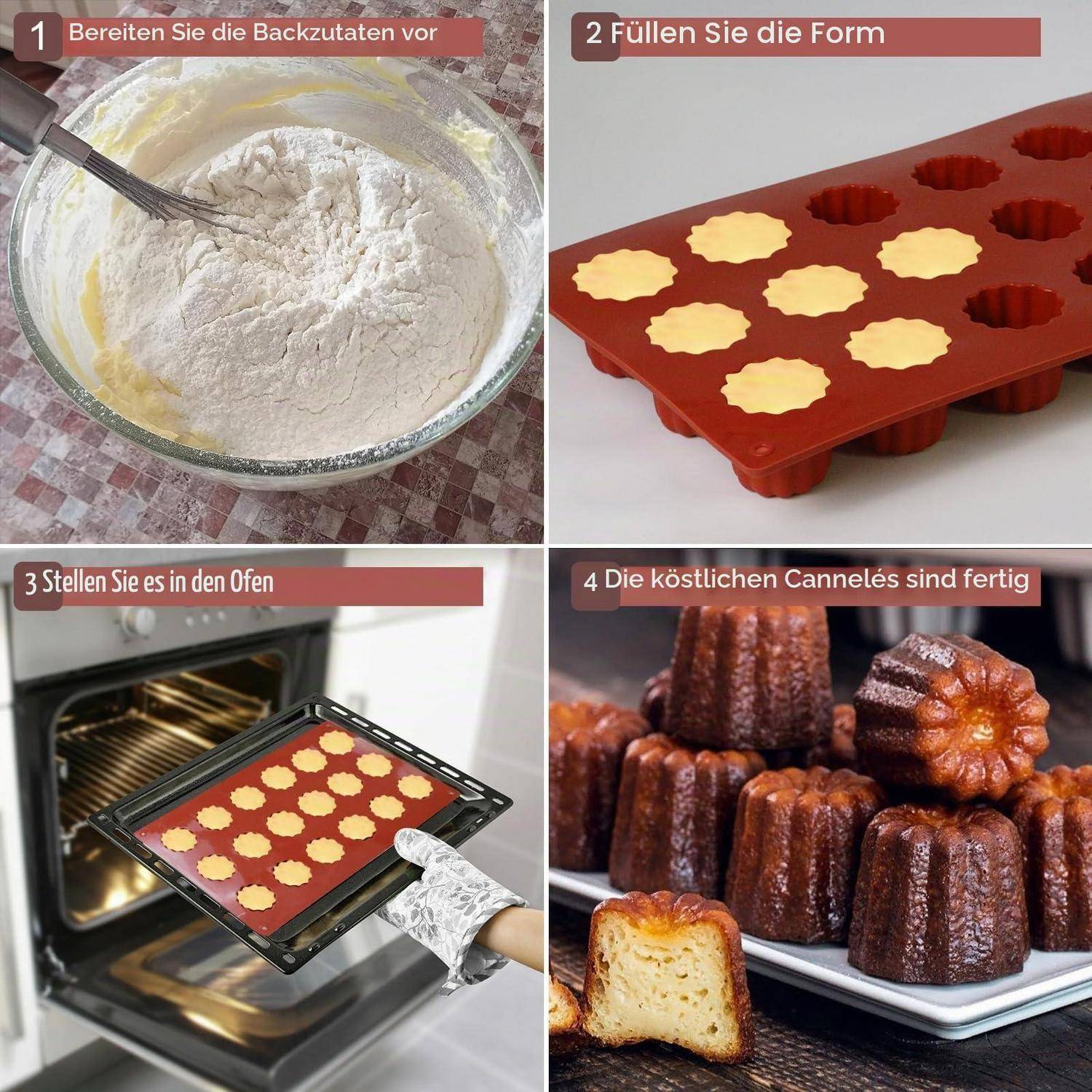 Vier-Schritte-Backanleitungen für Cannelés: Teig mischen, eine Form füllen, im Ofen backen und die fertigen braunen Gebäckstücke auf einem Teller präsentieren.
