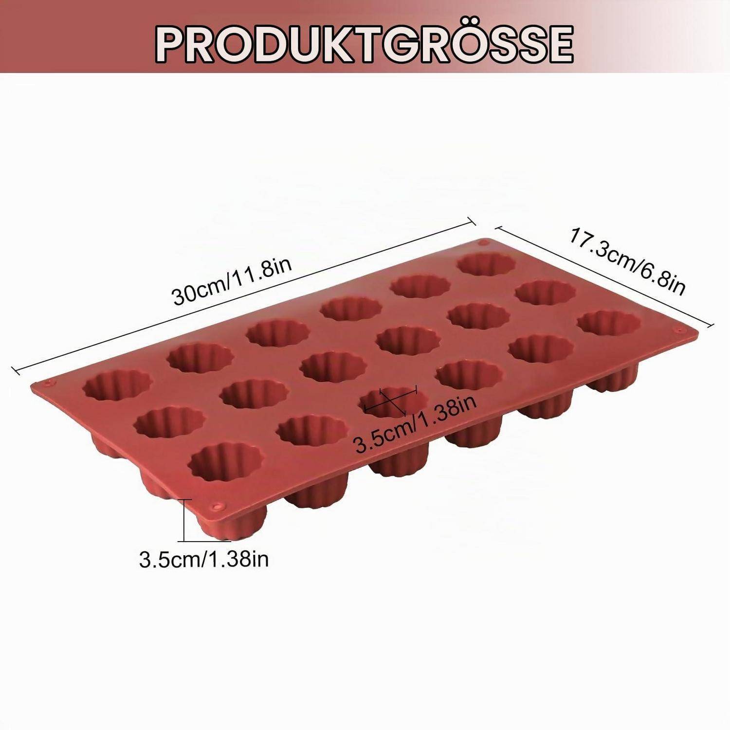 Größendiagramm einer roten Silikonform mit 12 runden Vertiefungen, beschriftet mit 30 cm × 17,3 cm, mit einer Vertiefungstiefe von 3,5 cm.