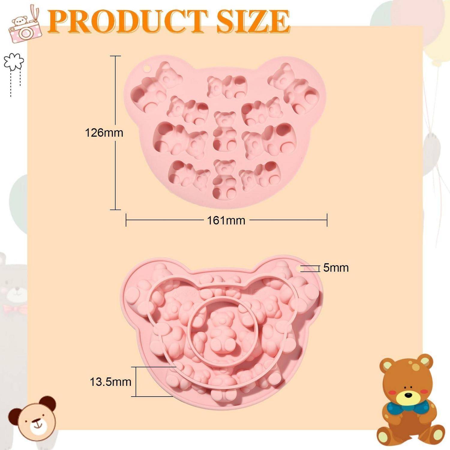 Produktgrößendiagramm für eine rosa bärenförmige Form: 161 mm breit, 126 mm hoch und 5 mm dick, mit einer Innentiefe von 13,5 mm.