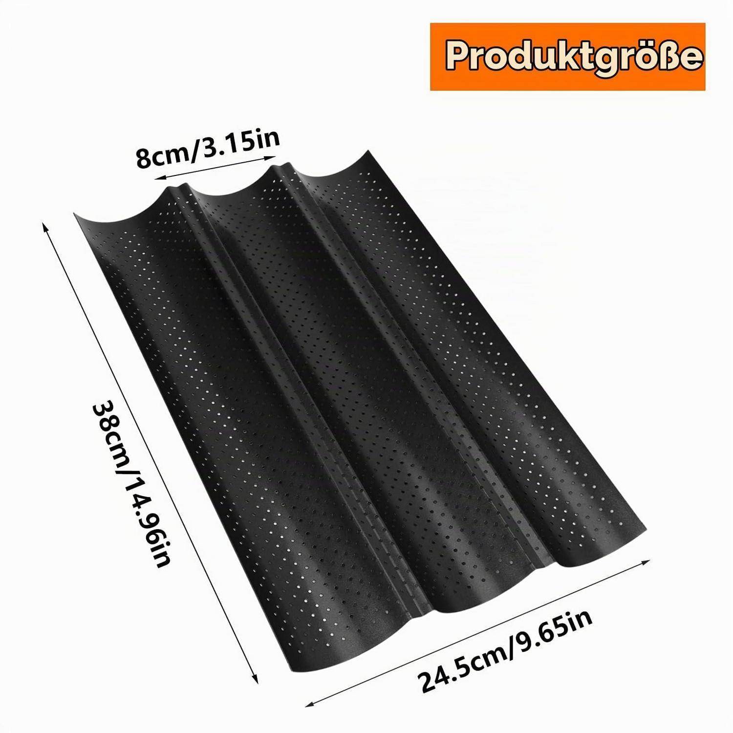 Produktgrößen-Diagramm einer schwarzen perforierten Tabletteneinsatz mit den Maßen 38 cm x 24,5 cm und einer Breite von 8 cm oben.
