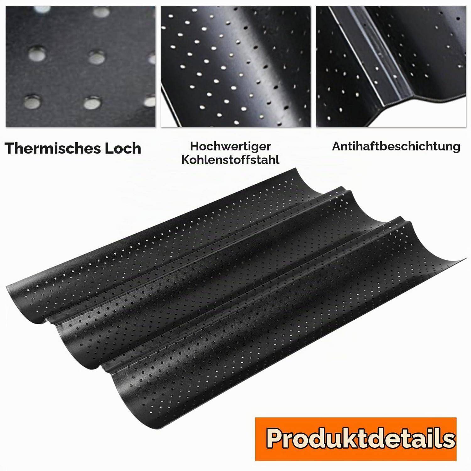 Produktdetails eines schwarzen perforierten Kohlenstoffstahlblechs mit Thermallöchern und rutschfester Beschichtung, dargestellt in Nahaufnahme und Gesamtansicht.