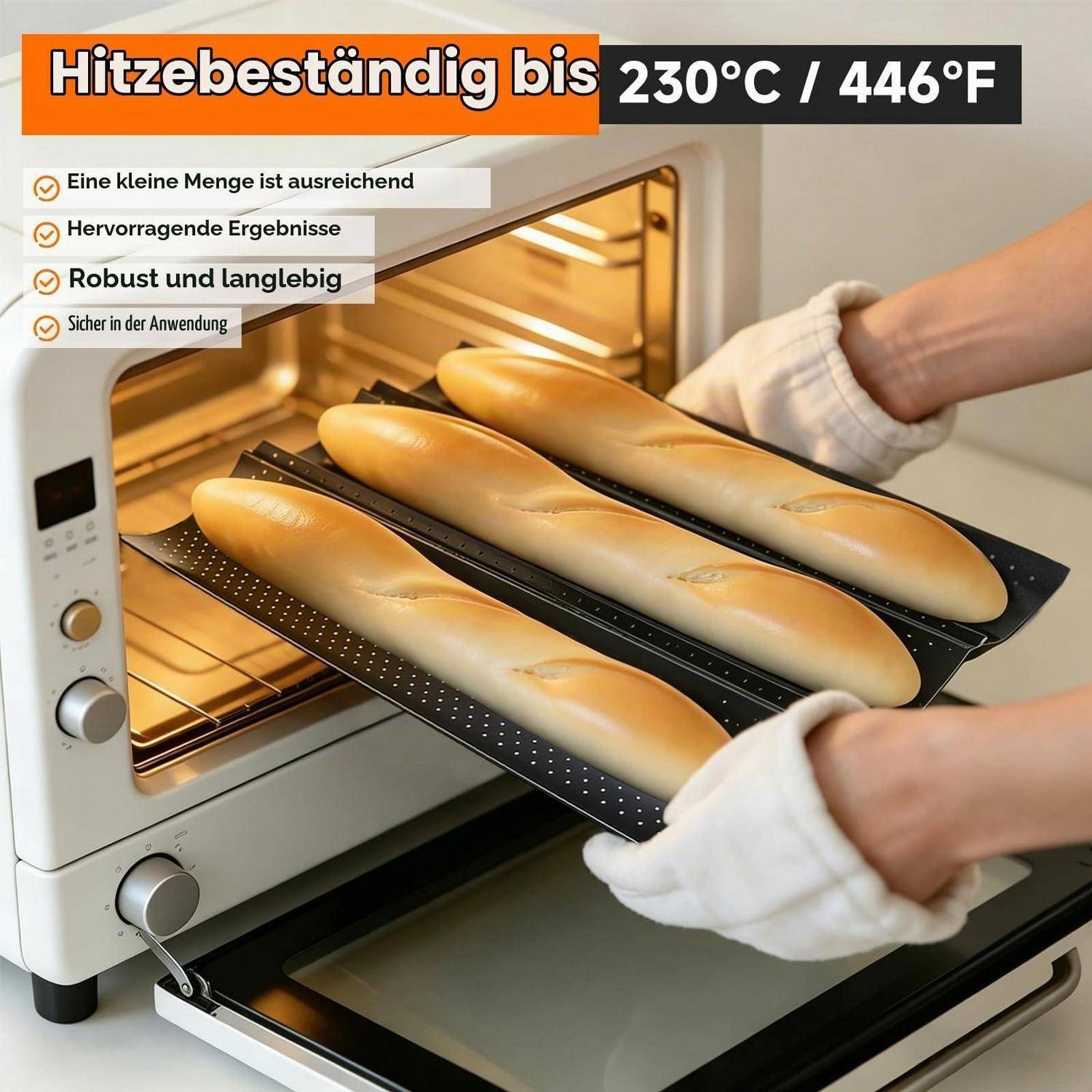 Hitzebeständige Backmatte für die Ofennutzung, gezeigt mit Baguettes, die herausgenommen werden; der Text besagt „Hitzebeständig bis 230°C / 446°F" und „Eine kleine Menge ist ausreichend."