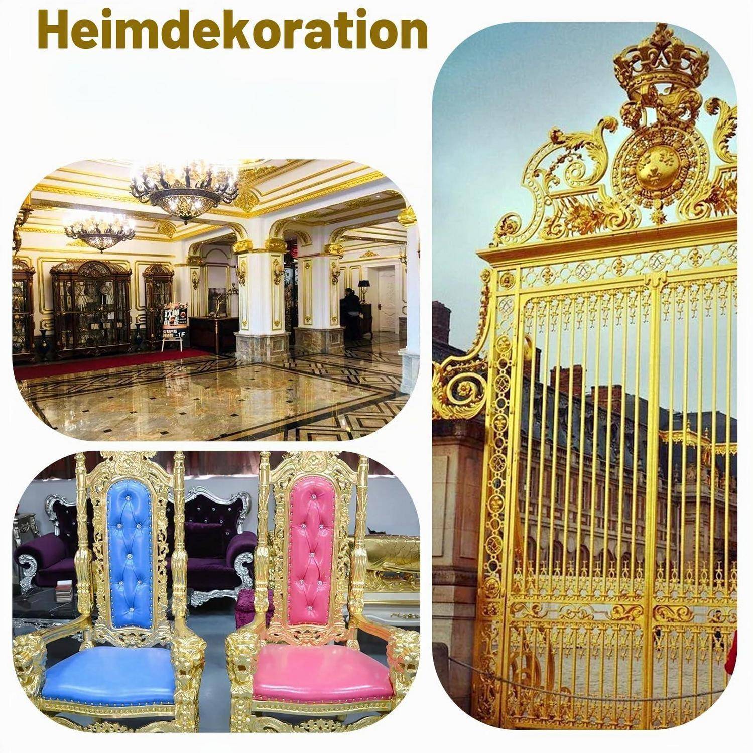 Collage mit dem Titel „Heimdekoration" zeigt aufwändige goldene Inneneinrichtung, ein vergoldetes Tor und farbenfrohe Thronsessel in einer prächtigen, palastähnlichen Umgebung.