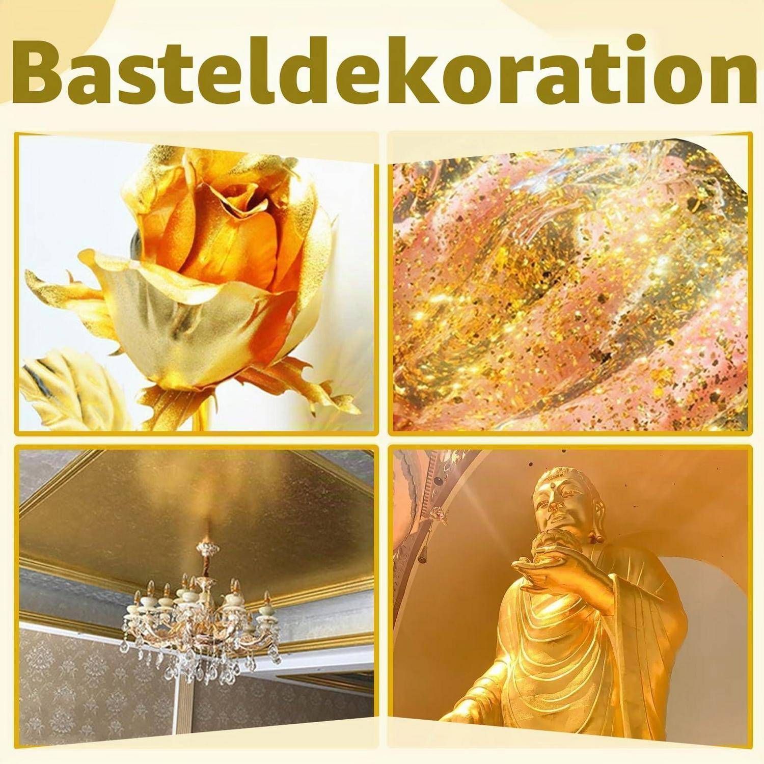 Goldbasierte Dekorationscollage mit vergoldeter Rose, glitzernder Goldtextur, einer Golddecke mit Kronleuchter und einer goldenen Statue unter der Überschrift „Basteldekoration"