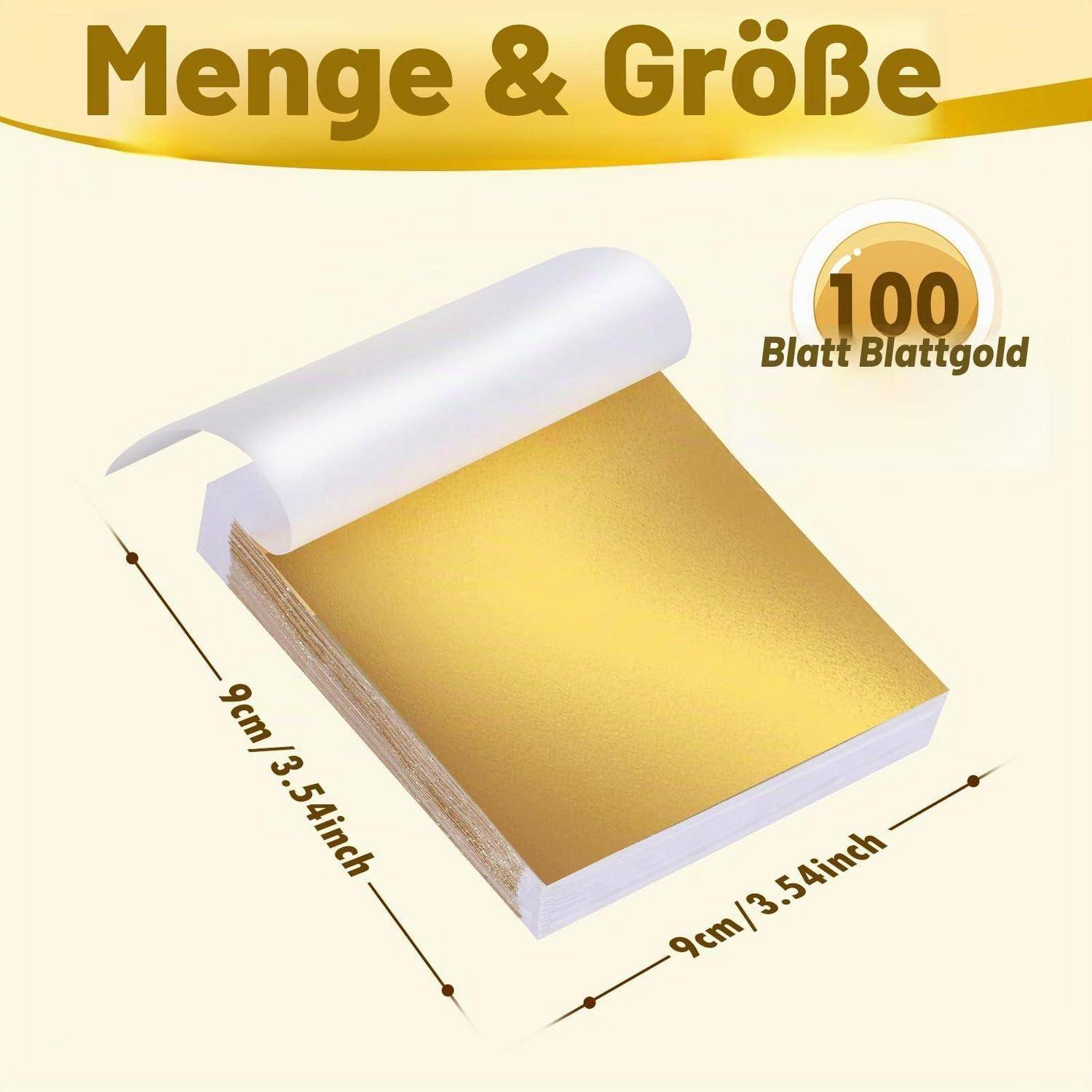 Grafik zeigt Größe und Menge von Blattgold: 100 Blatt Blattgold, jedes Blatt 9 cm × 9 cm (3,54 Zoll) unter dem Titel „Menge & Größe".
