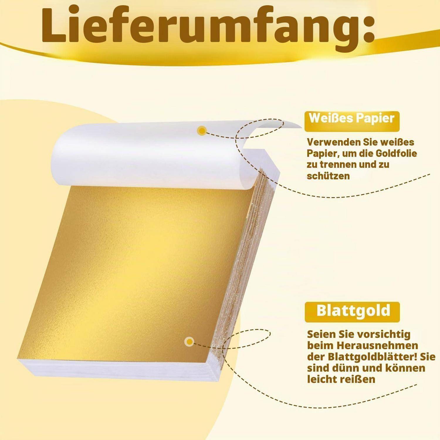 Illustration eines Goldblatt-Booklets unter der Überschrift „Lieferumfang:", die das weiße Schutzpapier oben und die zarten „Blattgold""-Blätter darunter kennzeichnet.