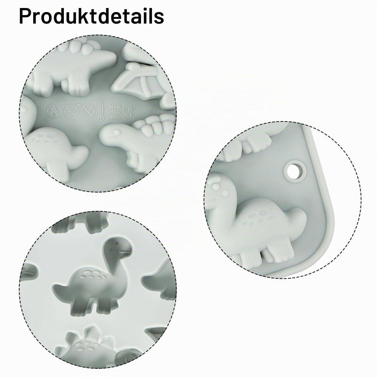 Produktdetails zeigen eine graue dinosaurierförmige Badmatte für Kinder mit Saugfüßen, Nahaufnahmen der strukturierten Oberfläche und der Eckvorrichtung.