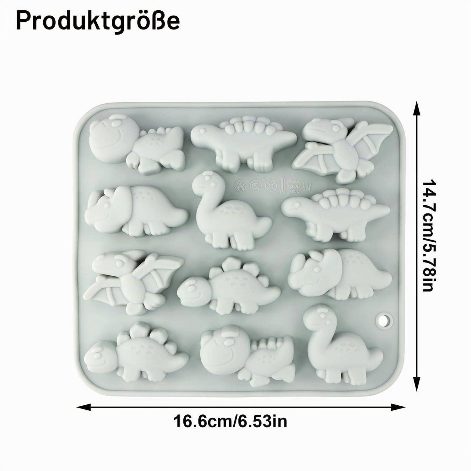 Produktgrößendiagramm einer dinosauriergestaltigen Form, das Abmessungen von 16,6 cm x 14,7 cm (6,53 x 5,78 Zoll) mit mehreren Dinosaurierformen zeigt.
