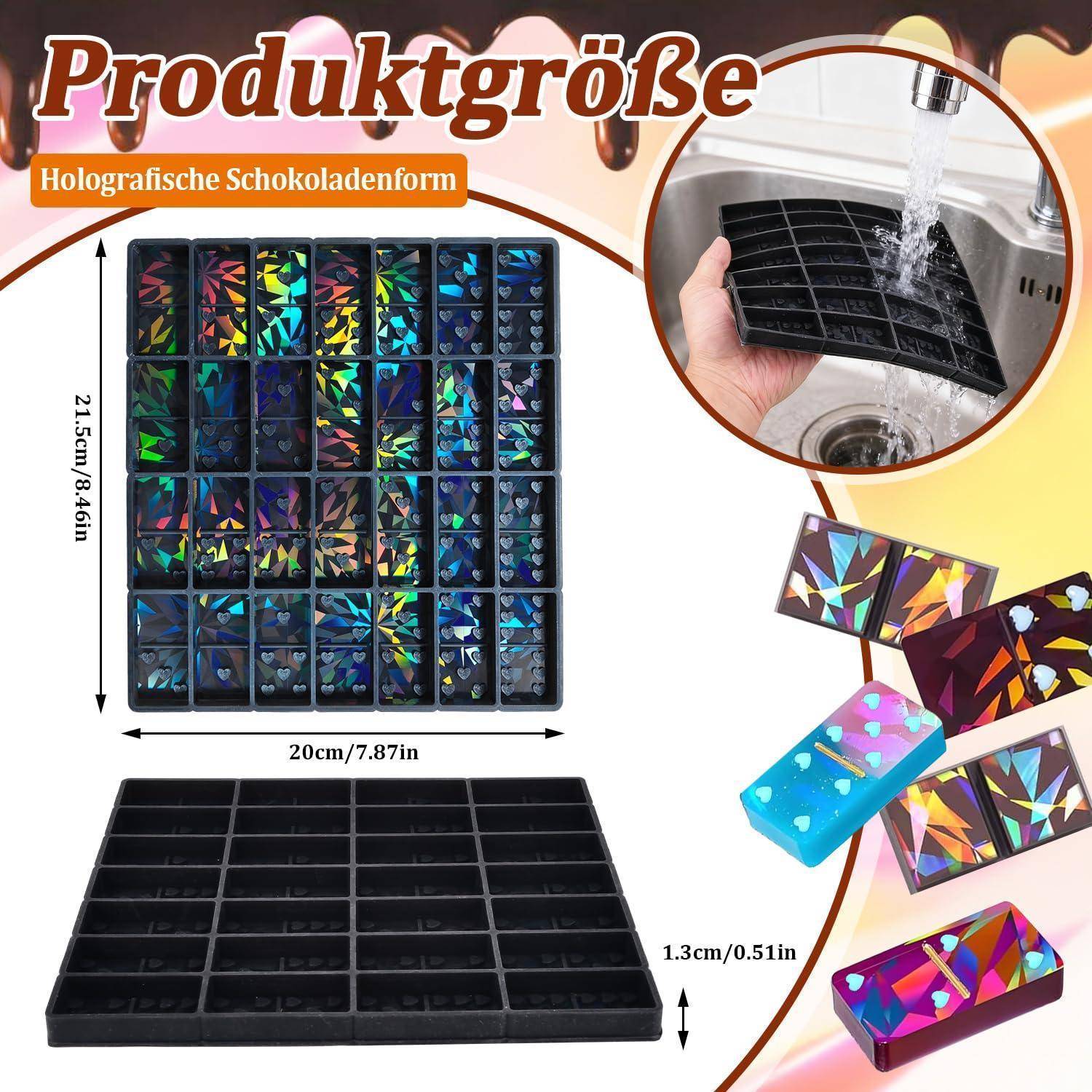 Größentabelle für eine holografische Schokoladenform, die ein 20 cm x 21,5 cm großes Tablett, 1,3 cm Tiefe zeigt, mit Nahaufnahme der Verwendung in einem Waschbecken und fertigen Schokoladenformen.