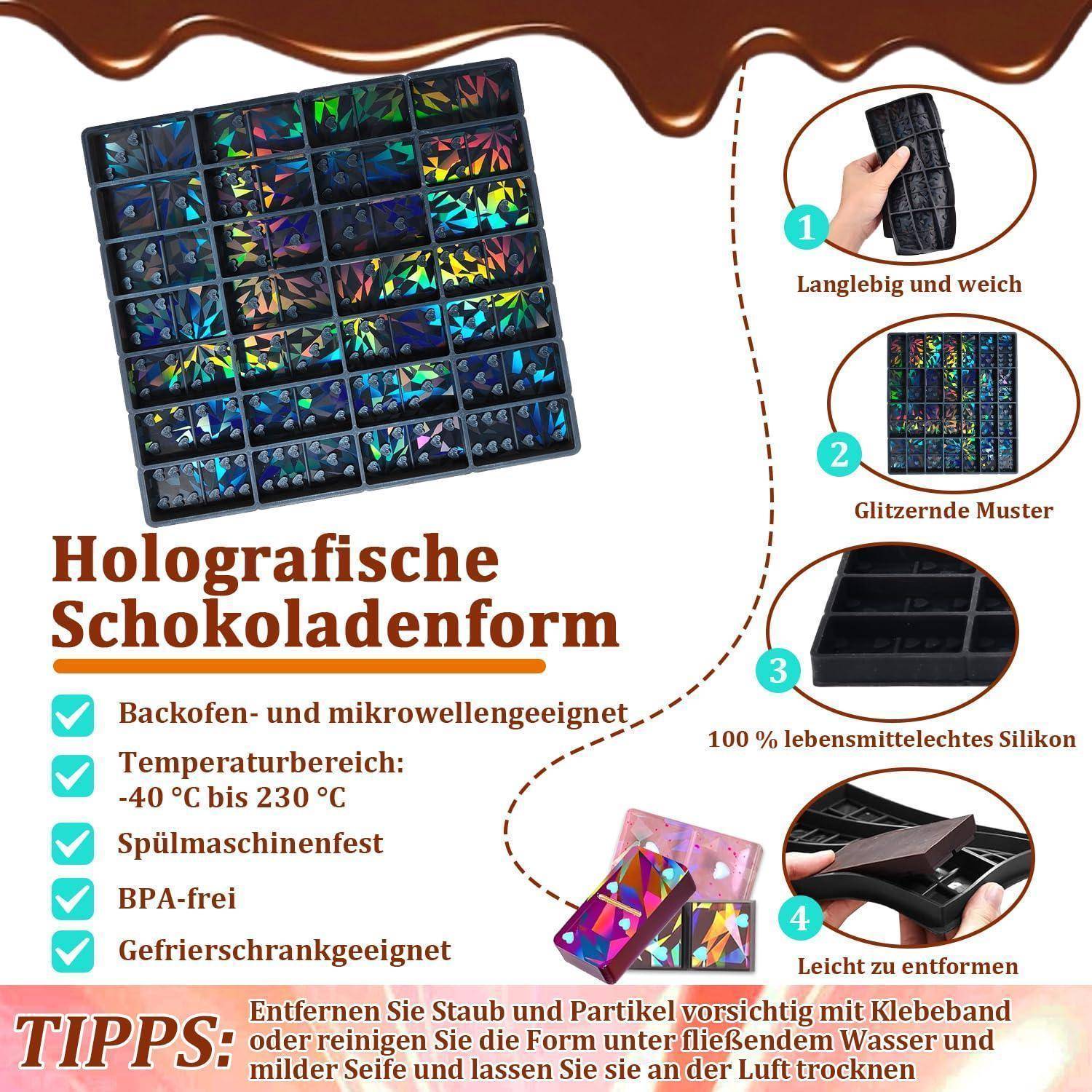 Holographische Schokoladenform mit folgenden Eigenschaften aufgelistet: Ofen-/Mikrowellensicher, -40°C bis 230°C, spülmaschinensicher, BPA-frei, Gefrierschrankgeeignet, lebensmittelechtes Silikon, einfaches Entformen.