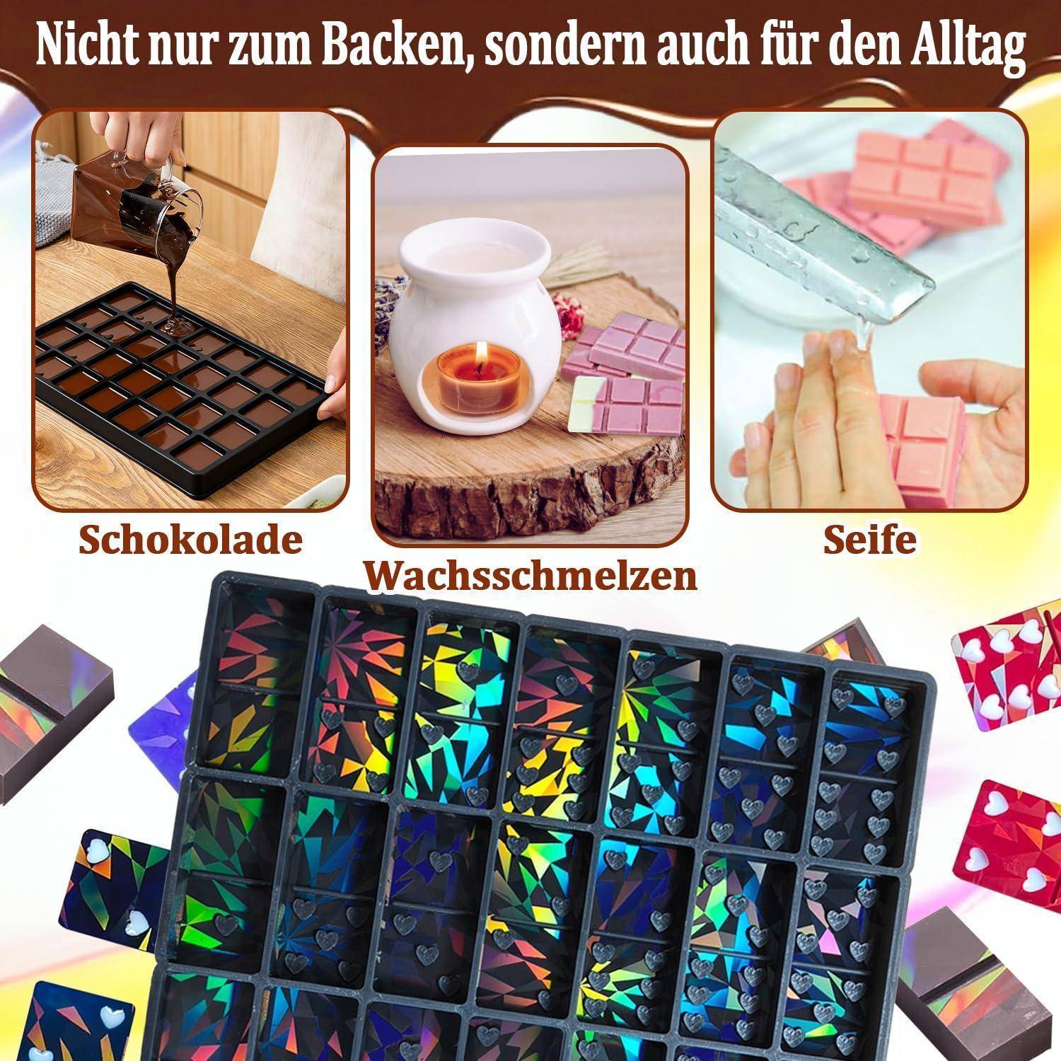Promotional collage of a flexible square mold used for chocolate, wax melts, and soap, with German text 'Nicht nur zum Backen, sondern auch für den Alltag' and labels 'Schokolade', 'Wachsschmelzen', 'Seife'.