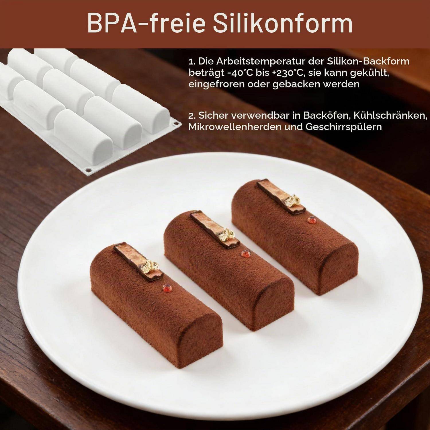 BPA-freie Silikonform zum Backen rechteckiger Desserts, gezeigt mit drei Schokoladenkuchen auf einem Teller; der Text vermerkt, dass sie sicher von -40°C bis 230°C ist und für Ofen-, Kühlschrank-, Mikrowellen- und Spülmaschineneinsatz geeignet ist.