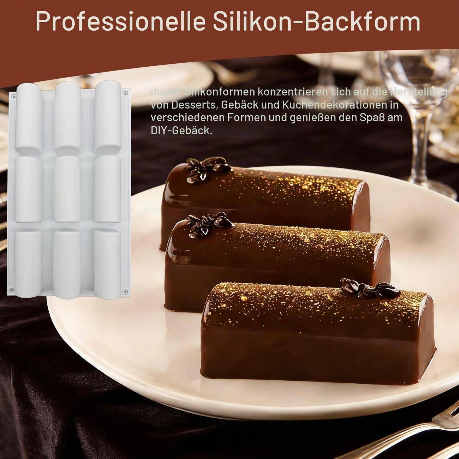 Silikonform zum Herstellen von drei rechteckigen Desserts, gezeigt neben glänzenden Schokoladenkuchen auf einem weißen Teller mit deutschem Produkttext.