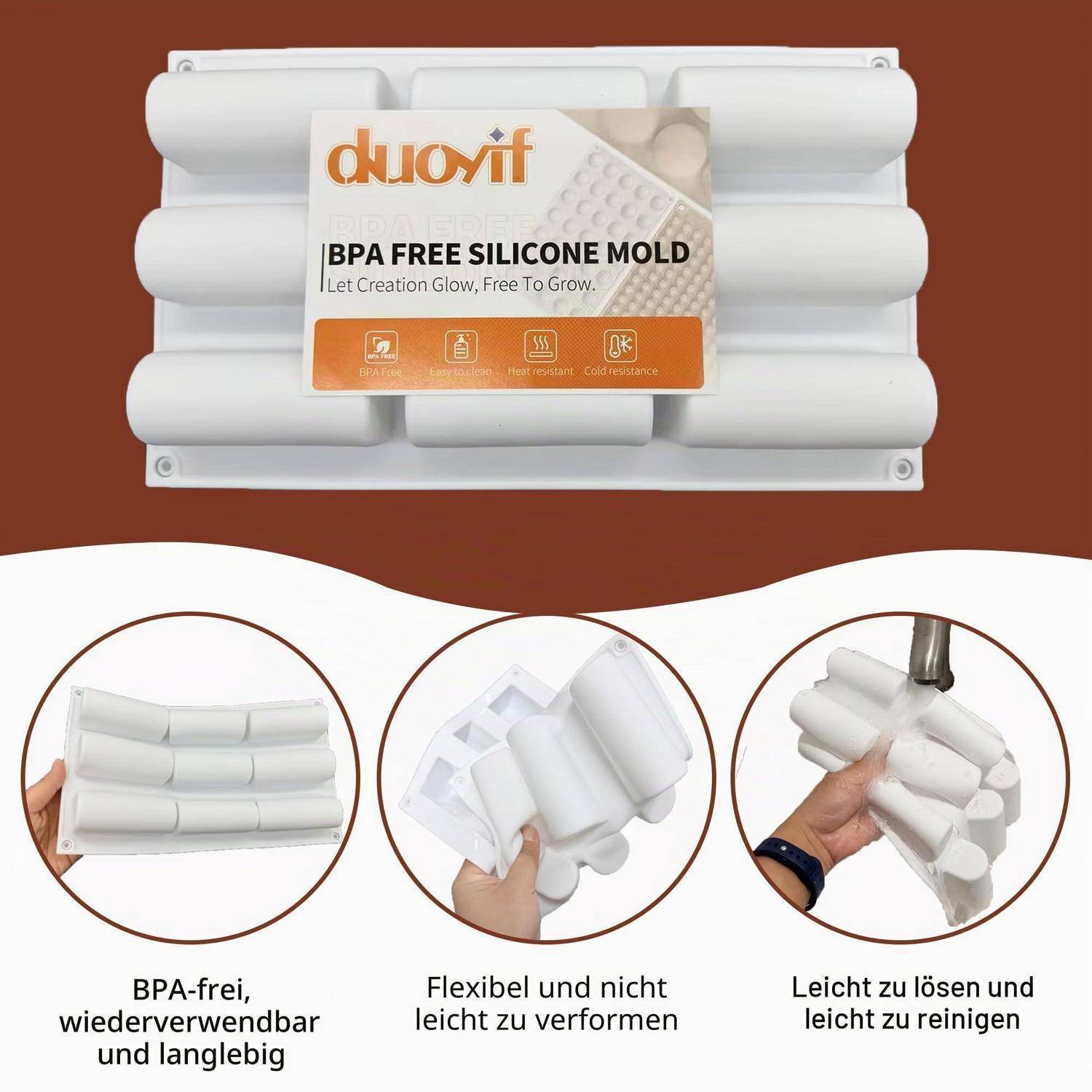 Produktbild einer weißen, BPA-freien Silikonform-Verpackung, mit deutschen Beschriftungen, die zeigen, dass sie wiederverwendbar, flexibel, leicht zu entnehmen und leicht zu reinigen ist.
