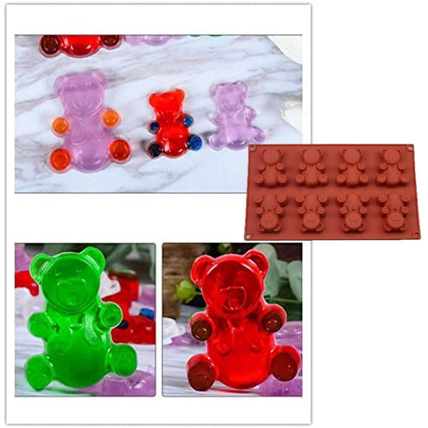 Collage von durchscheinenden bärenförmigen Bonbons oder Formen in Rosa, Rot, Grün und Lila, plus ein braunes Silikon-Formblech mit mehreren Bärenhöhlen.