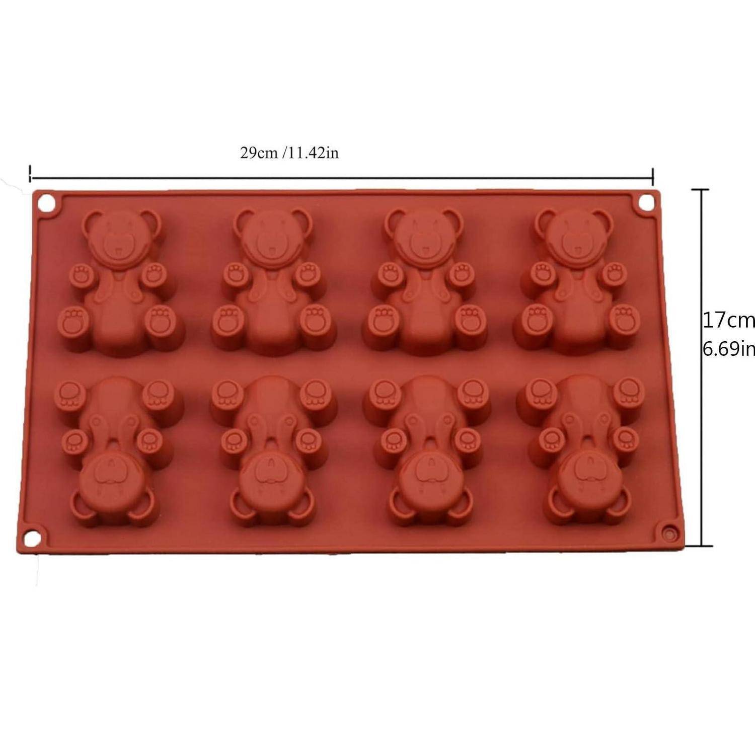 Rotes Silikonform mit 8 Teddybärformen in zwei Reihen, mit den Maßen 29 cm x 17 cm.