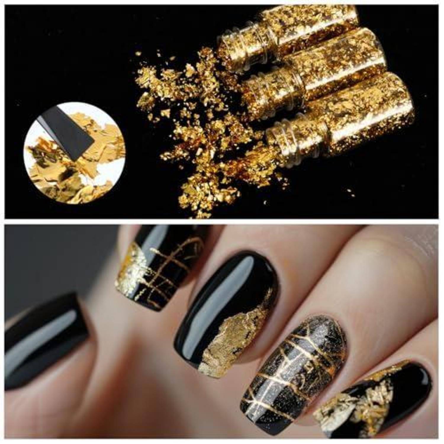 Schwarz-Gold-Nagelkunst mit Blattgold-Folie auf glänzend schwarzen Nägeln, mit einer Nahaufnahme des Blattgold-Materials als Einsatz.
