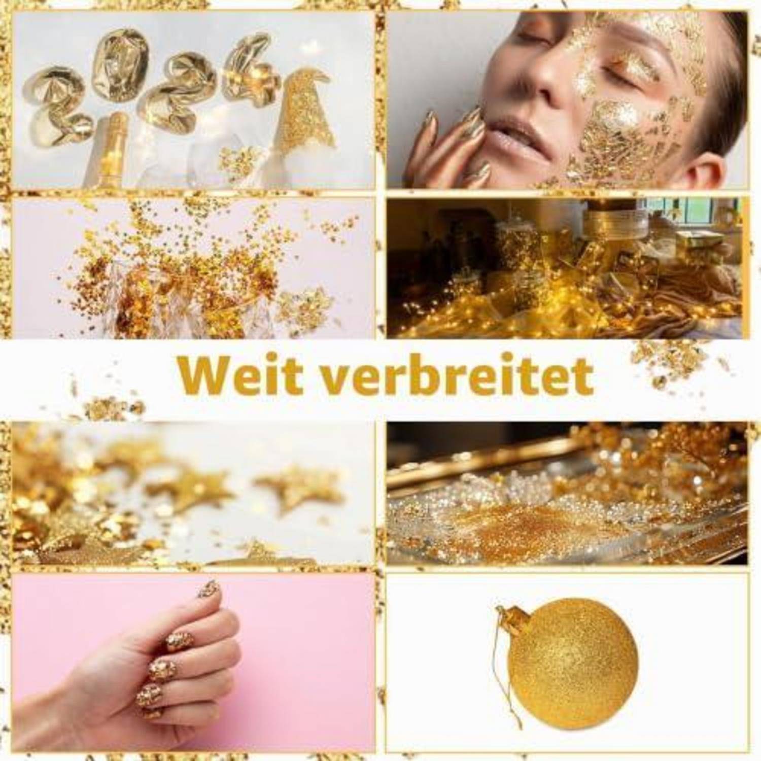 Collage aus goldenem Glitter und metallischen Kosmetik-Looks, mit dem Text "Weit verbreitet"" in der Mitte in fetten Goldlettern.