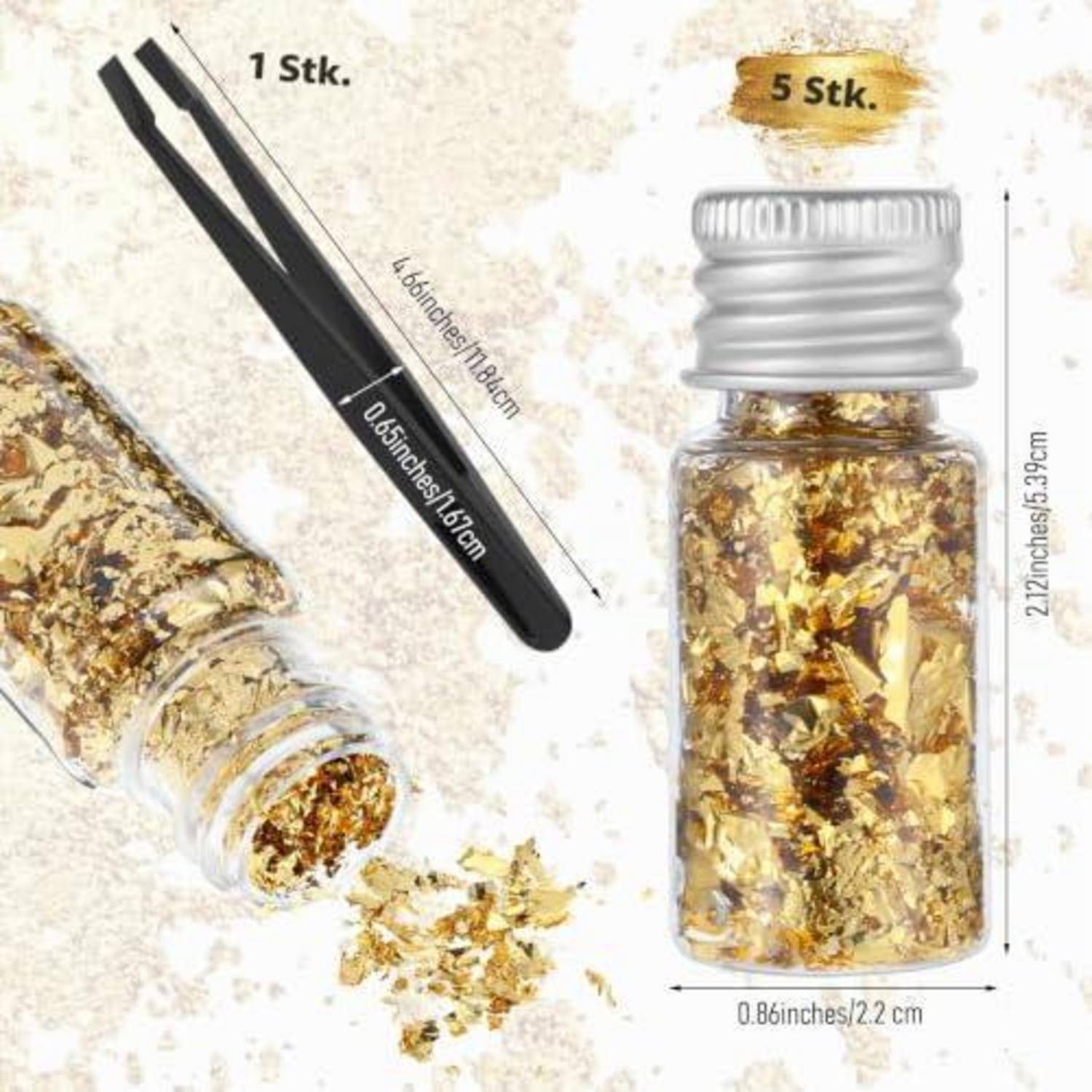 Kleine Flasche mit Blattgoldflöckchen und Pinzette, gekennzeichnet mit "1 Stk."" und ""5 Stk."", zeigt die Produktgröße 2,2 cm breit und 5,39 cm hoch.