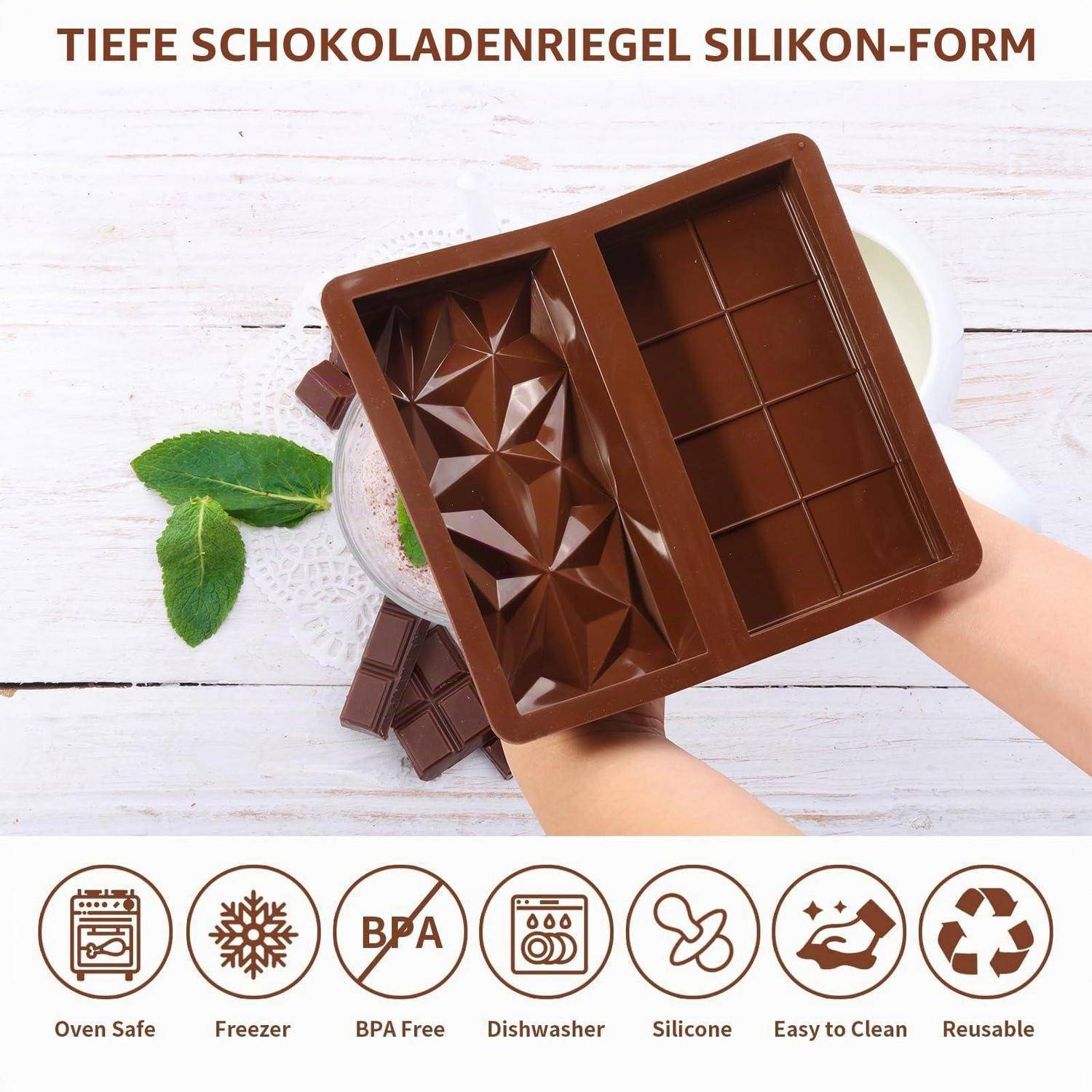 Braune Silikon-Schokoladenform mit der Bezeichnung „Tiefe Schokoladenriegel Silikon-Form", gezeigt mit einer dekorativen geometrischen Vertiefung und einer einfachen Gittervertiefung, sowie Symbolen für ofensicher, gefrierfest, BPA-frei, spülmaschinenfest, Silikon, leicht zu reinigen, wiederverwendbar.