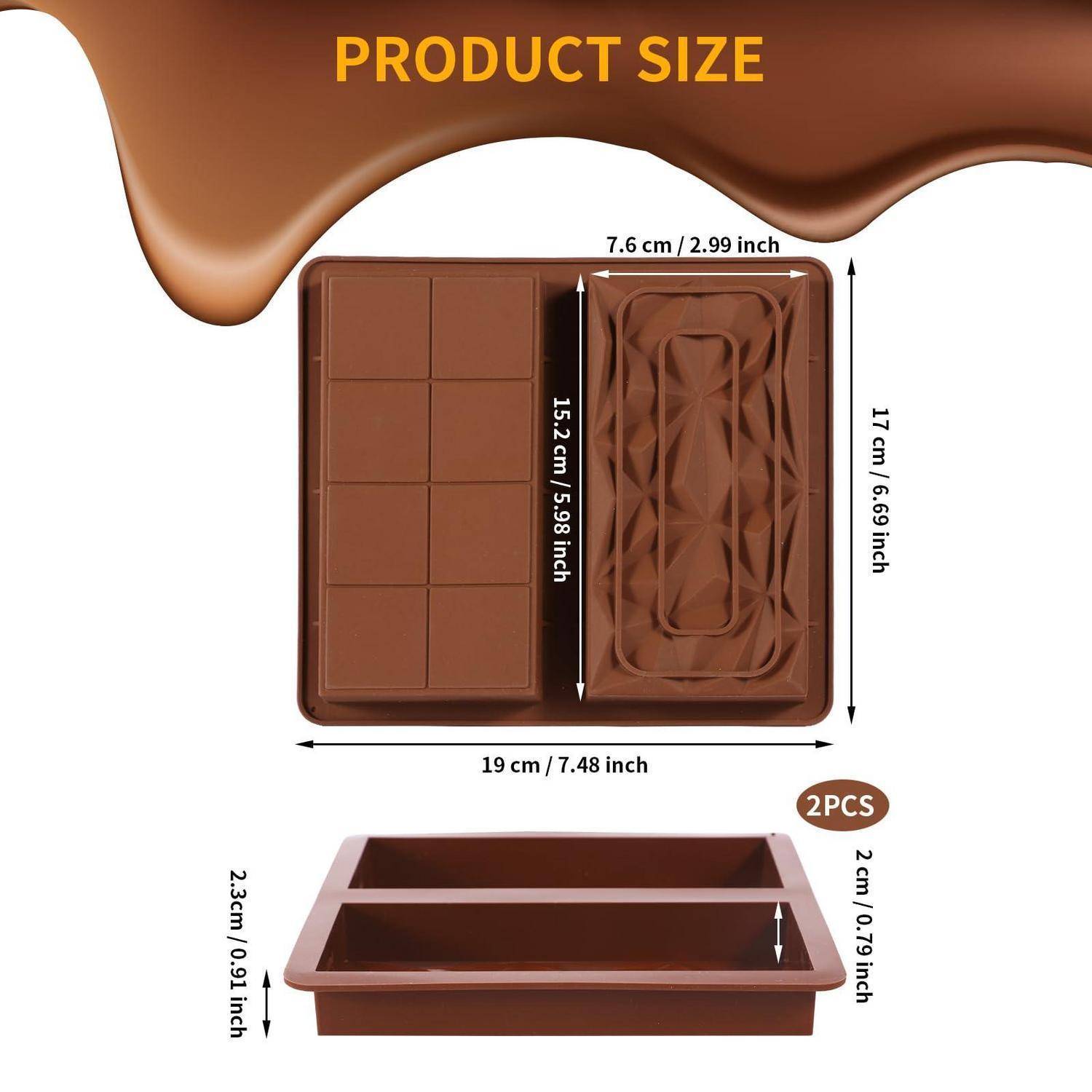 Produktgrößendiagramm für eine Schokoladenform, das ein rechteckiges Tablett mit insgesamt 19 cm x 17 cm, innere Länge 15,2 cm, Breite 7,6 cm und 2-teiliges Set mit 2 cm Tiefe zeigt.
