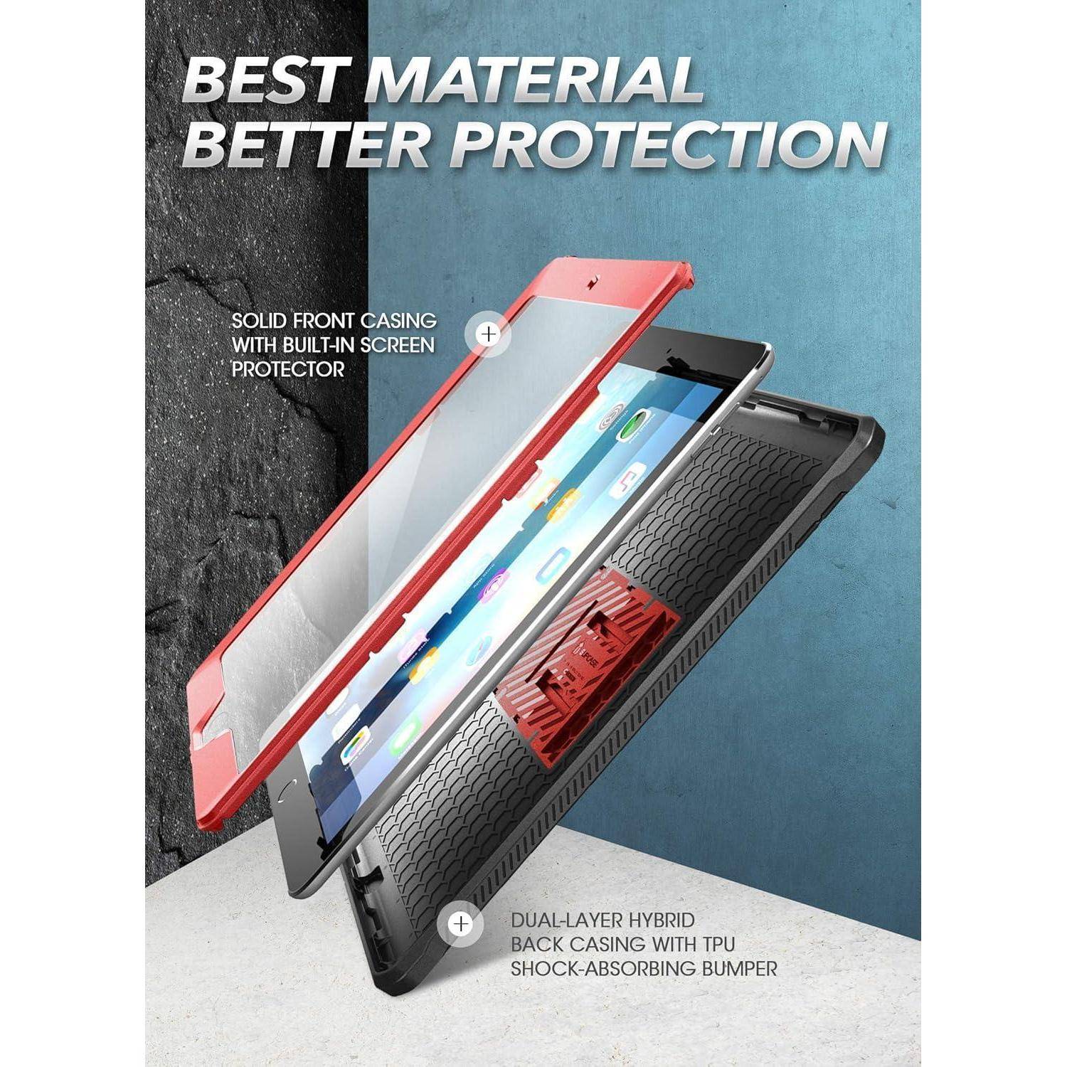 Explodierte Ansicht eines robusten Handyschutzes mit Frontgehäuse mit integriertem Displayschutz und Doppelschicht-Hybrid-Rückgehäuse mit TPU-Stoßdämpfer; Text besagt „Best Material Better Protection".