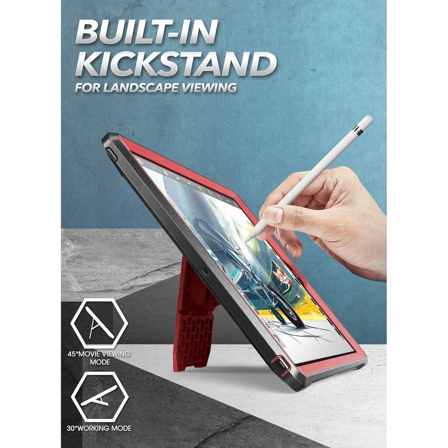 Werbebild einer Tablet-Hülle mit integriertem Ständer für die Landschaftsansicht, gezeigt im 45°-Filmomodus und 30°-Arbeitsmodus, während eine Hand einen Stift verwendet.