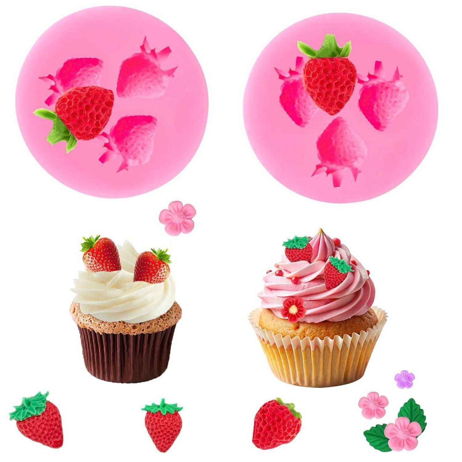 Collage aus erdbeerthematischen Cupcakes und rosafarbenen Dessertformen, mit ganzen und geschnittenen Erdbeeren als dekorative Topping- und Designelemente.
