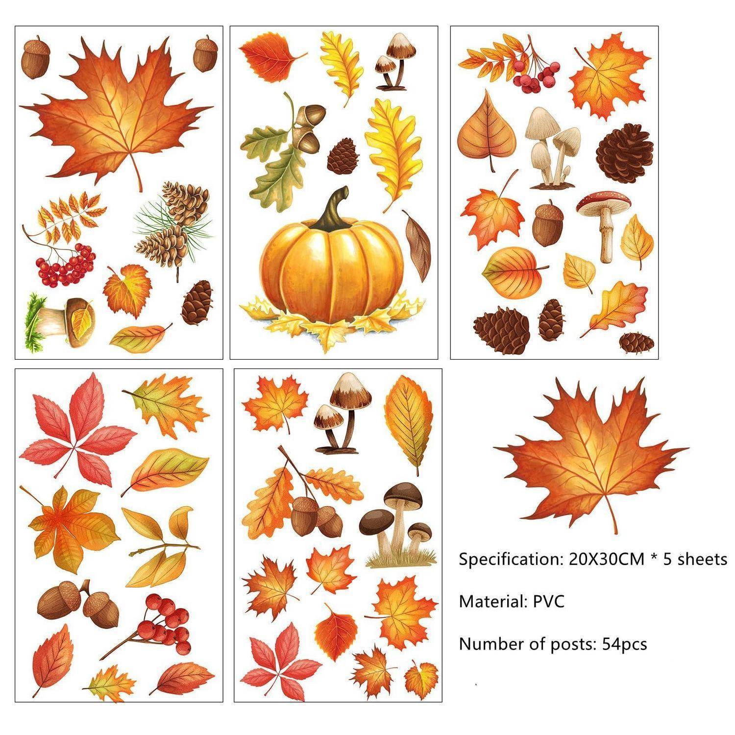 Fünfteiliger Herbst-Wandaufkleber-Set mit Ahornblättern, Eicheln, Pilzen, Tannenzapfen und Kürbissen; Text besagt 20x30cm, PVC, 54 Teile.