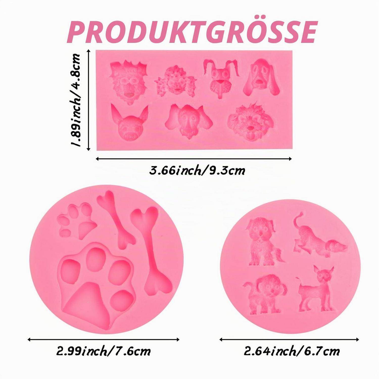 Rosa Silikonformen in drei Größen: eine rechteckige Form mit sechs Tiergesichtern und zwei runde Formen mit Pfotenbdrücken, Knochen und kleinen Hundefiguren, mit Maßangaben gekennzeichnet.
