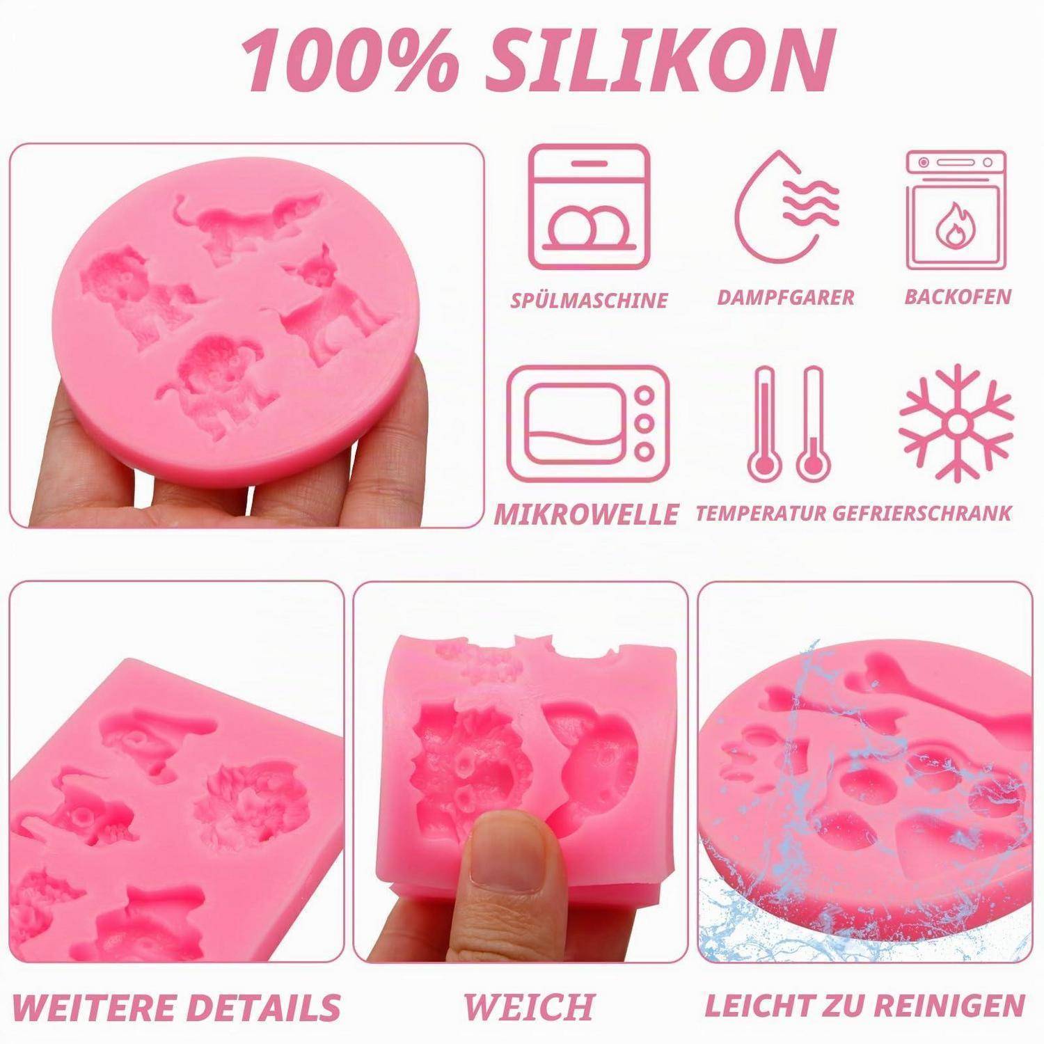 Werbebild einer rosa Silikonform zu 100%, das zeigt, dass sie spülmaschinen-, dampfgarer-, ofen-, mikrowellen-, temperatur- und gefrierschrankfest ist, sowie flexibel und leicht zu reinigen.