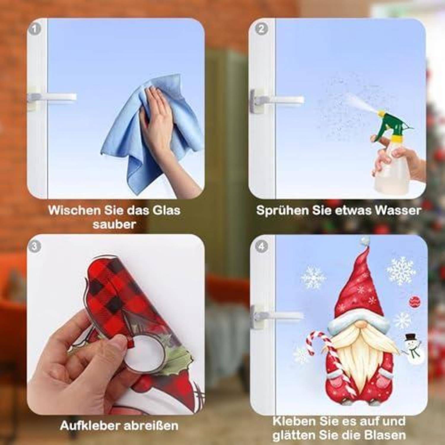Vierschrittiger Anleitung zur Fensteraufkleberanwendung: Glas reinigen, mit Wasser besprühen, Rückseite abziehen, dann Weihnachtsmann-Aufkleber anbringen und glätten.
