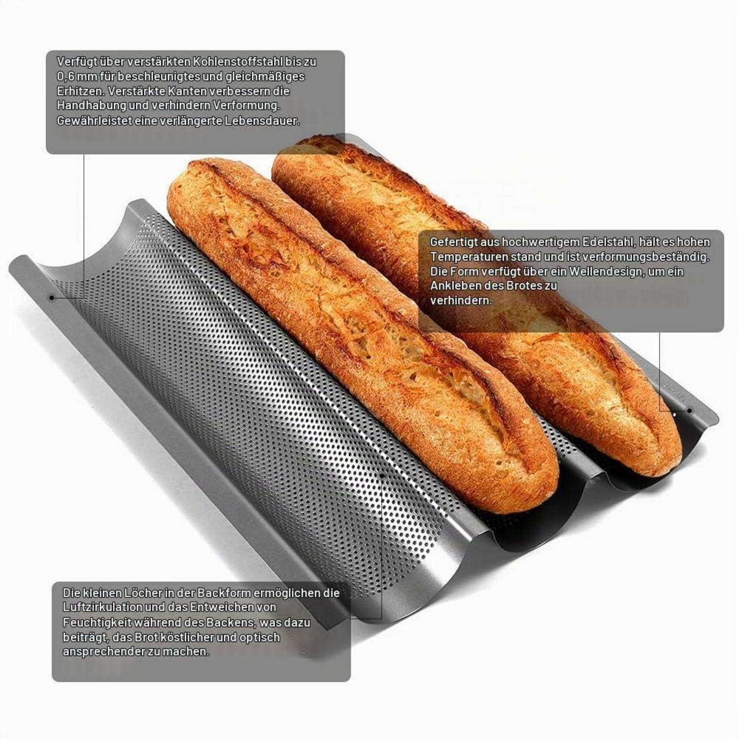 Durchlöcherte Baguette-Backform mit zwei Laiben; Beschriftungen auf Deutsch erläutern langlebigen Stahl, Wärmebeständigkeit, Belüftungslöcher und antihaftbeschichtete Laibform.