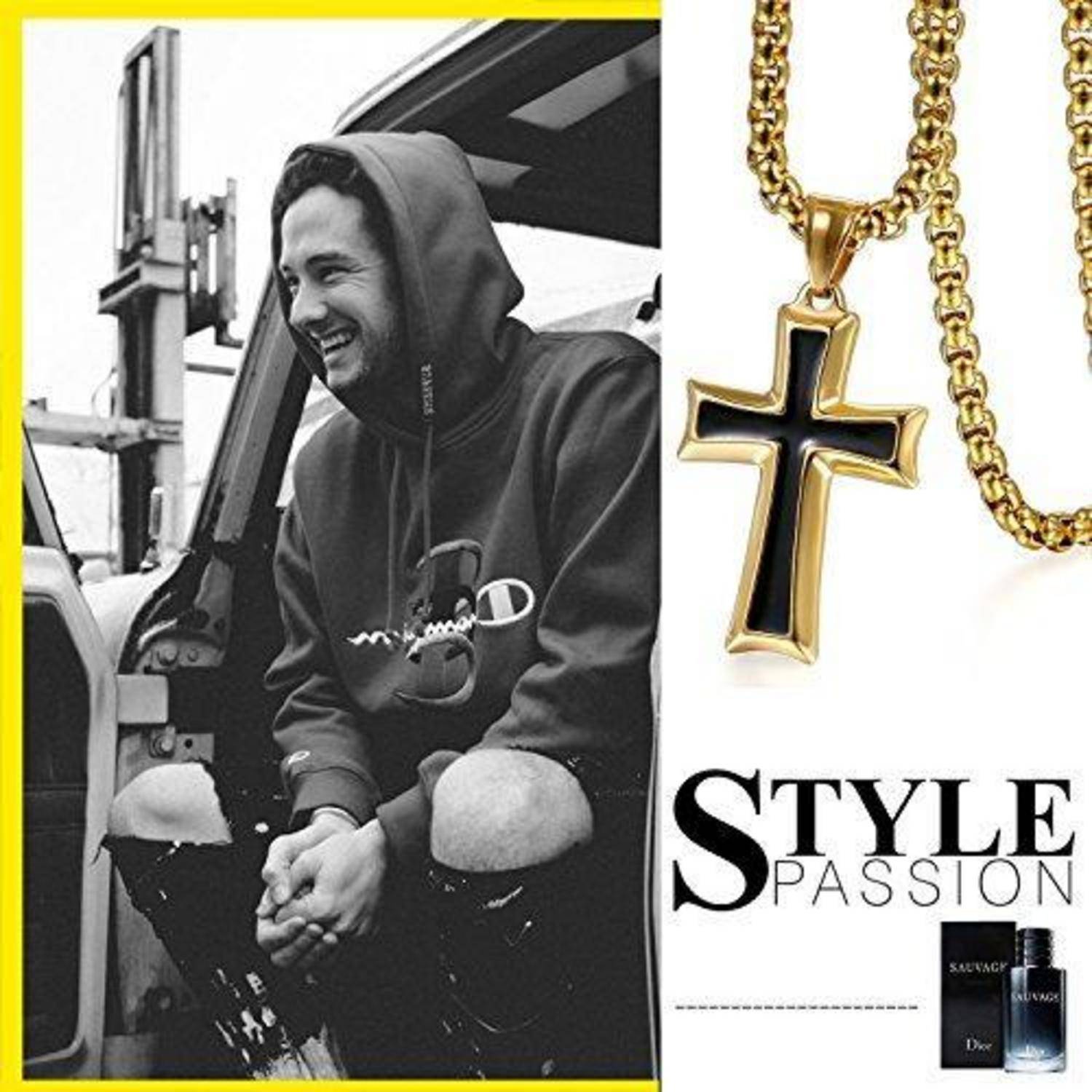 Schwarzweißfoto eines lächelnden Mannes in einem Hoodie, der in einem Fahrzeug sitzt, neben einer Werbung für eine goldene Kreuzanhänger-Halskette mit dem Text „STYLE PASSION".