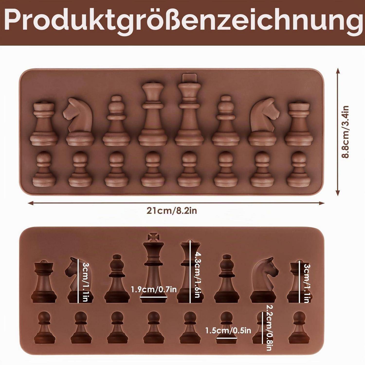 Illustrierte Produktgrößentabelle für eine braune Schachfiguren-Silikonform: Insgesamt 21 cm x 8,8 cm, mit Abmessungen der Figuren in cm und Zoll gekennzeichnet.