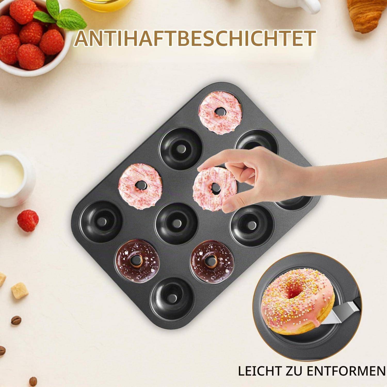 Antihaft-Backform für Donuts mit einer Hand, die einen gebackenen Donut entfernt; eine Einfügung zeigt einen fertigen Donut mit Streuseln. Der Text besagt „ANTIHAFTBESCHICHTET" und „LEICHT ZU ENTFORMEN"".