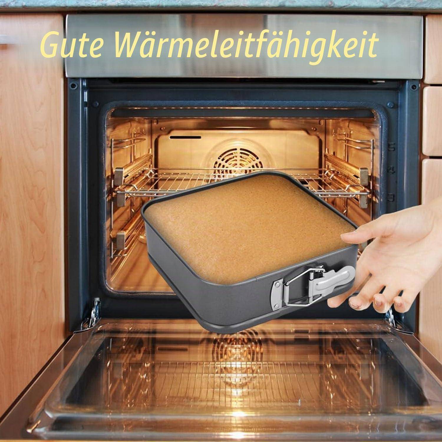 Hand, die ein Backblech in einen Ofen schiebt; der Text lautet „Gute Wärmeleitfähigkeit" über der Szene.