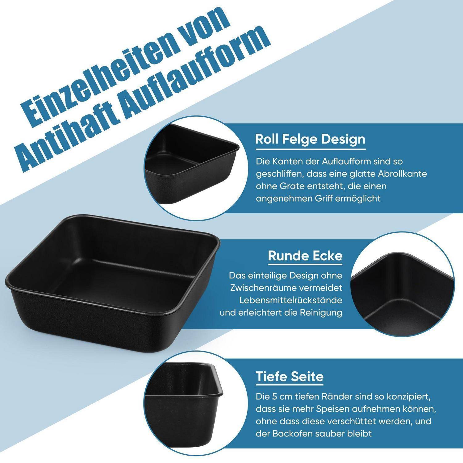 Deutsches Produkt-Infografik zeigt eine schwarze Backform mit drei gekennzeichneten Merkmalen: Wulstrand-Design, abgerundete Ecken und 5 cm tiefe Seiten für besseres Greifen und Reinigen.