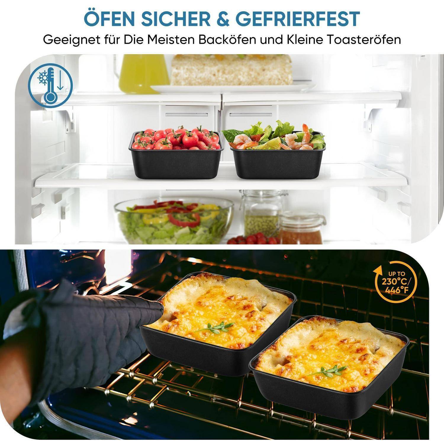Anzeige für ofen- und gefriergeeignete Lebensmittelbehälter, die im Kühlschrank gelagert und zum Backen in einem Ofen bis 230°C/446°F verwendet werden.