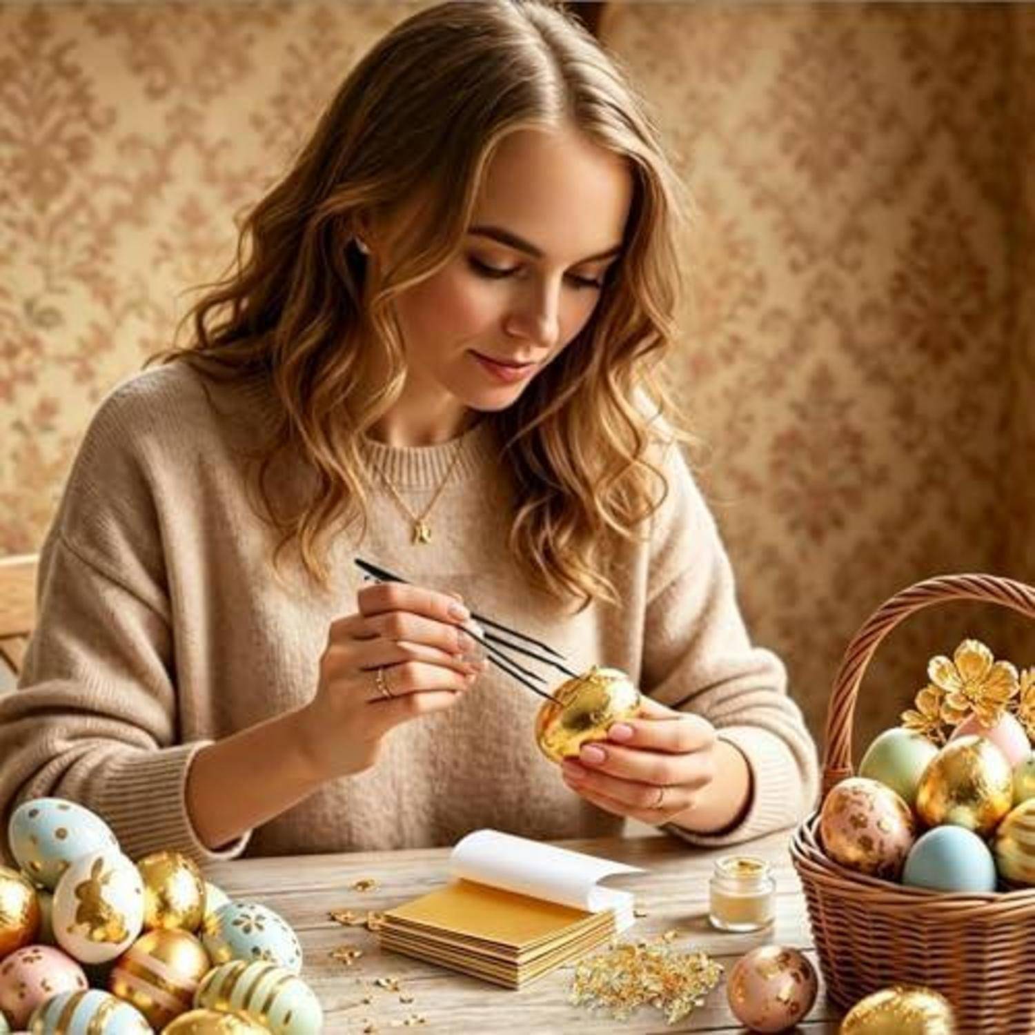 Eine Frau malt ein gold verziertes Osterei an einem Tisch, mit anderen dekorierten Eiern, Malutensilien und einem Korb mit Eiern in der Nähe.