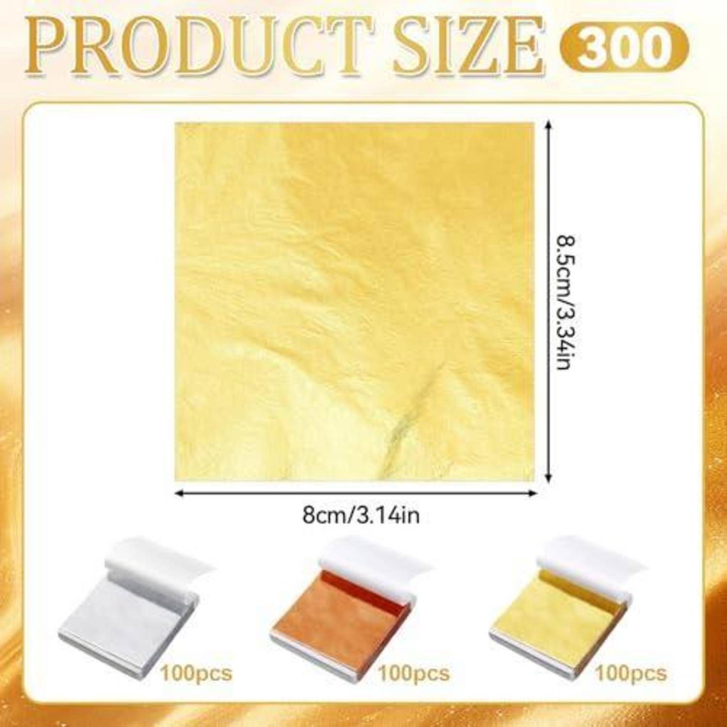 Größentabelle für Produkte mit Goldfolienblatt, 8 cm x 8,5 cm, mit drei Packungsoptionen darunter, gekennzeichnet mit 100 Stück in Silber, Kupfer und Gold.
