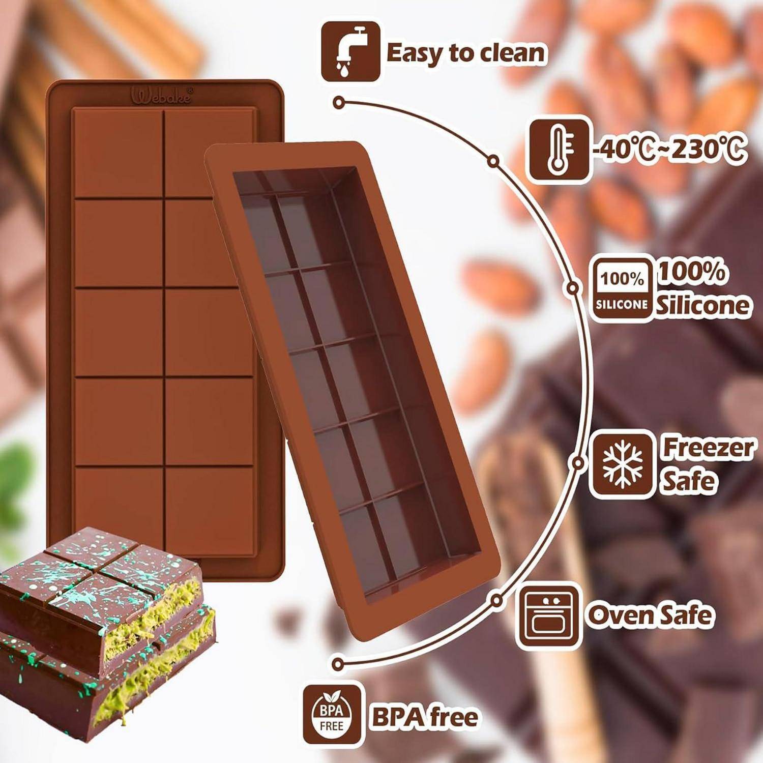 Braune Silikon-Schokoladenform mit folgenden Merkmalen: leicht zu reinigen, -40 °C bis 230 °C, 100 % Silikon, gefriergeeignet, backofengeeignet, BPA-frei.